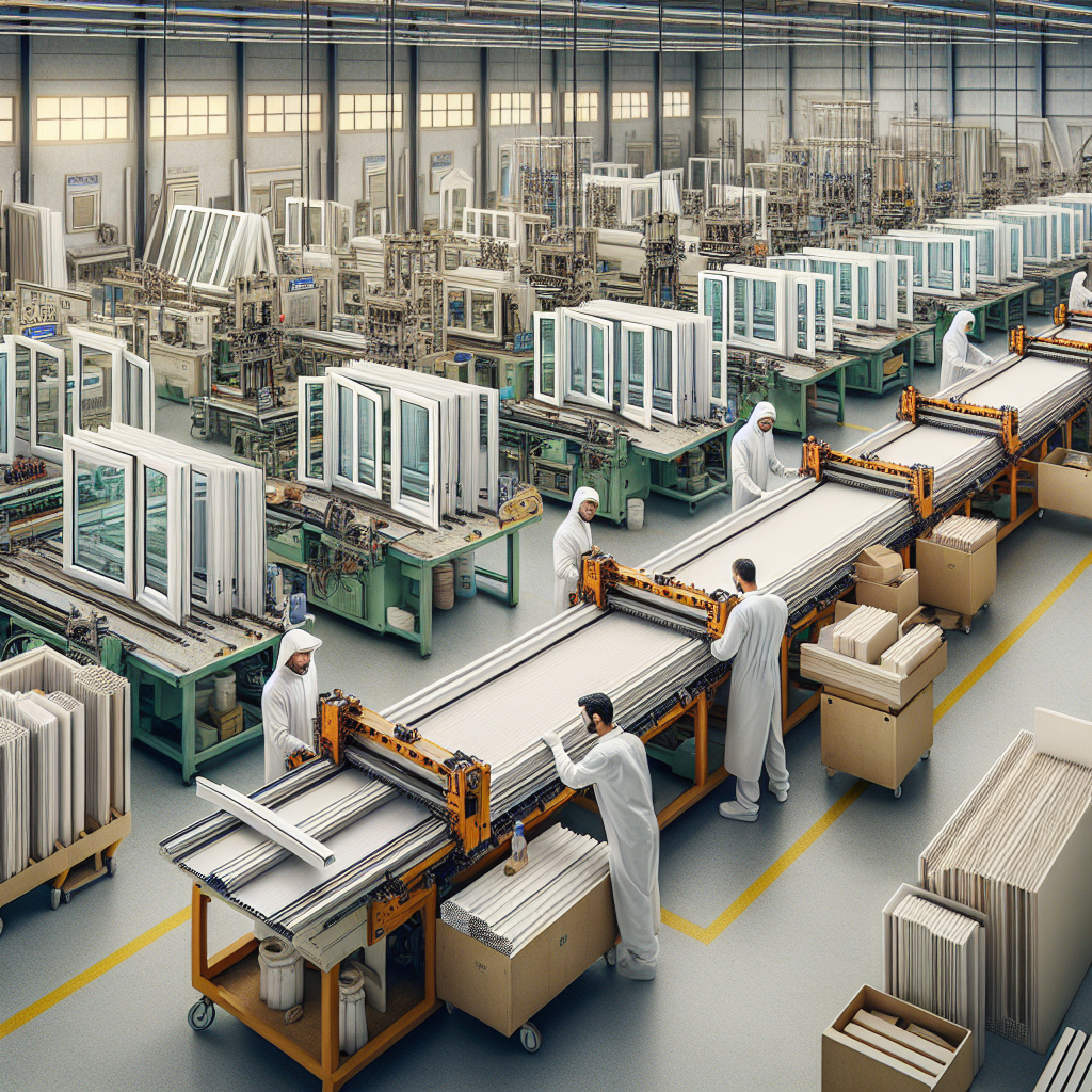 Modern factory assembly line producing PVC window frames with double vitrage in Casablanca, Morocco.